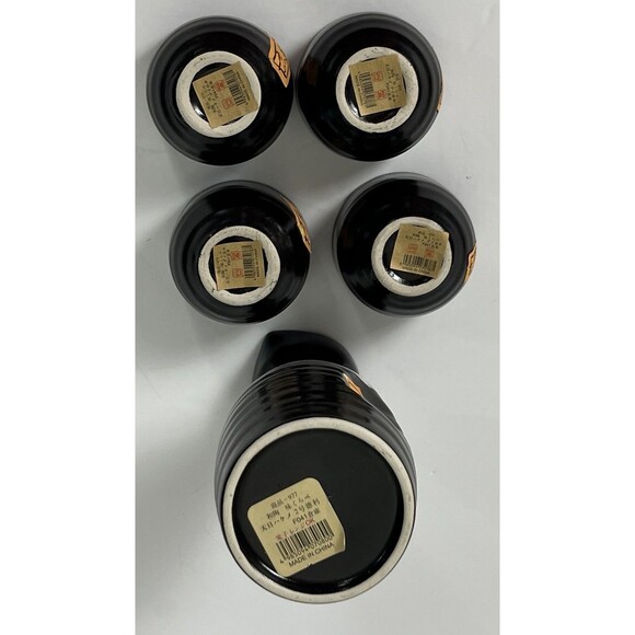 VTG 90s Japanese Tianmu Sake Set Decanter 4 Cups NWT Stoneware Aichi Japan Black - Picture 5 of 7